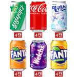 [한번에먹자] 340ml~355ml 탄산음료세트 6종 24입 ( 칠성사이다 + 코카콜라 + 밀키스 + 환타 오렌지 + 웰치스 포도 + 환타 파인애플 ) 업소용캔음료 식자재 PC방, 24개, 340ml